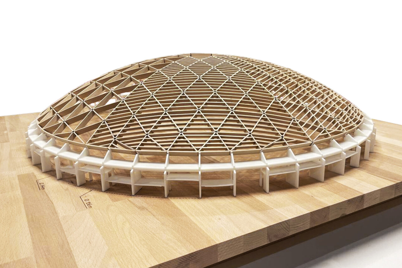 Wooden model of the new circular pavilion at the Rimini Exhibition Center