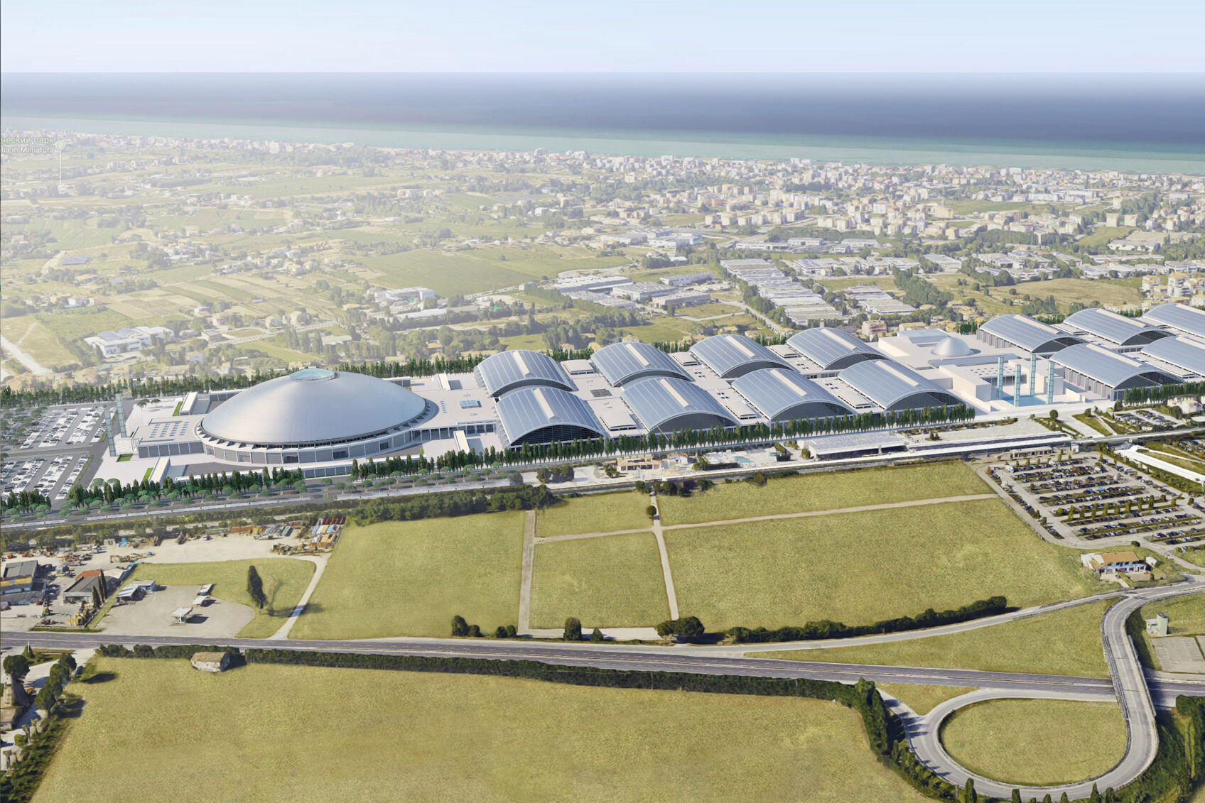 Render with a bird's eye view of the new circular pavilion at the Rimini Fairgrounds