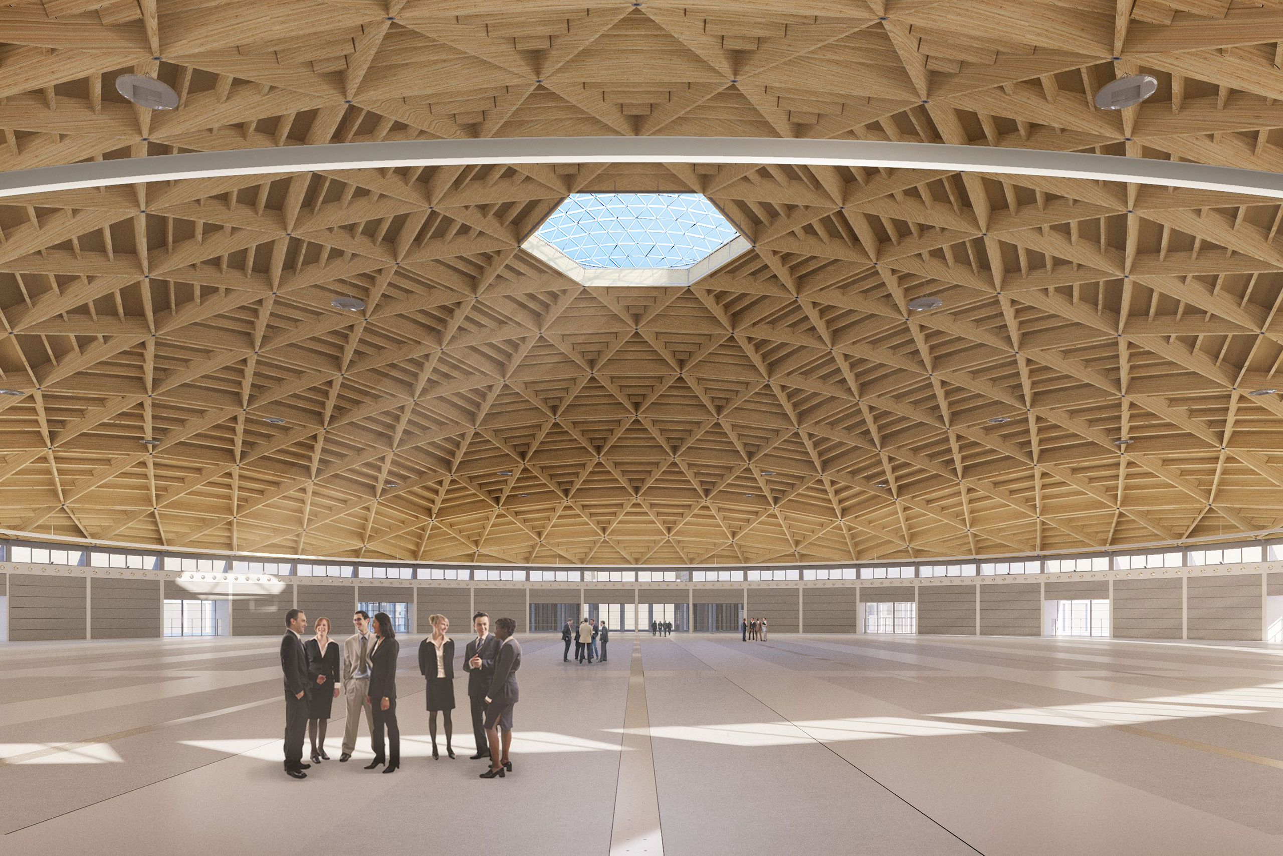 Interior renderings of the new circular pavilion for expansion of the Rimini Fair.