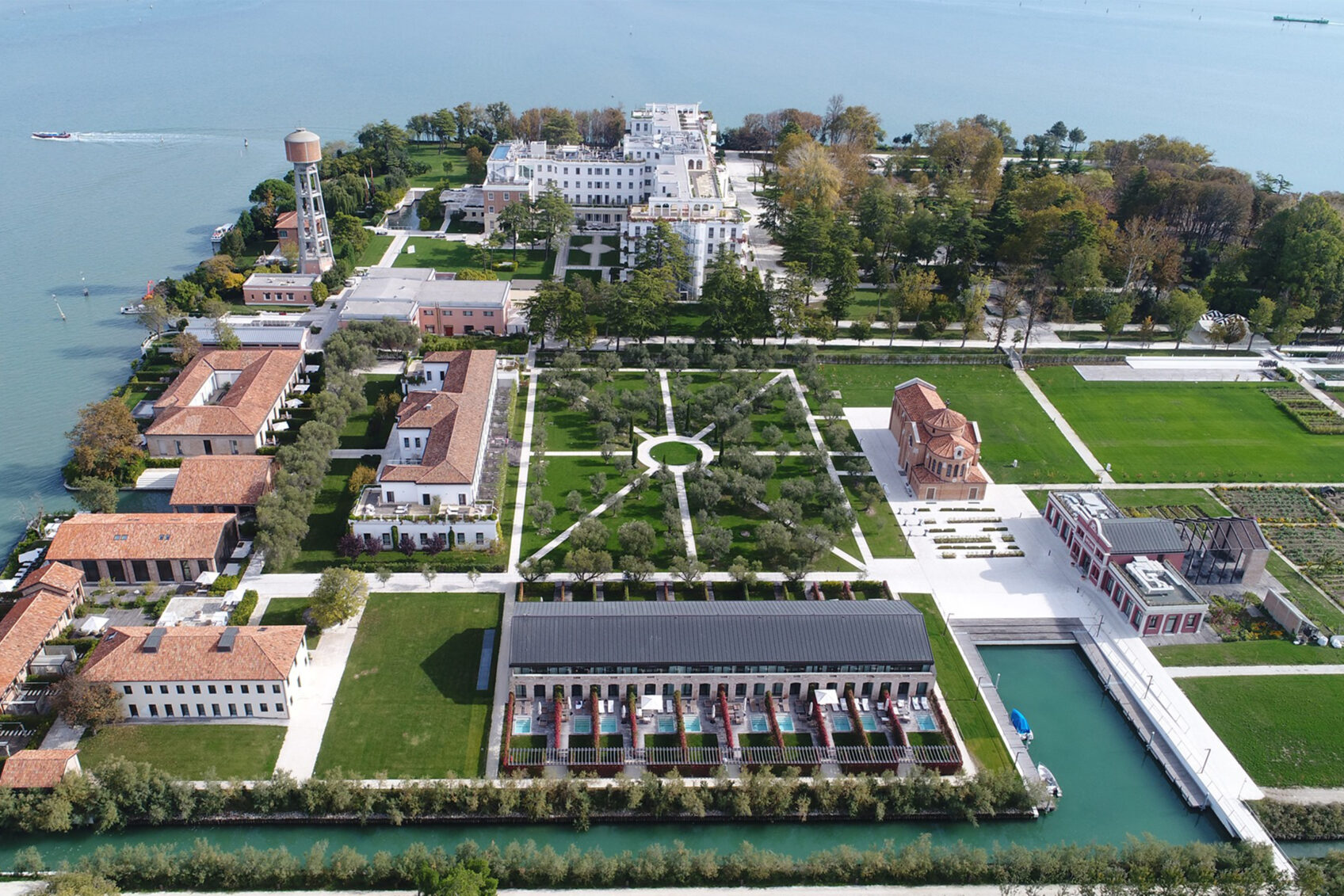 Bird's eye view of the JW Marriott Resort and spa on the island of Sacca Sessola Venice