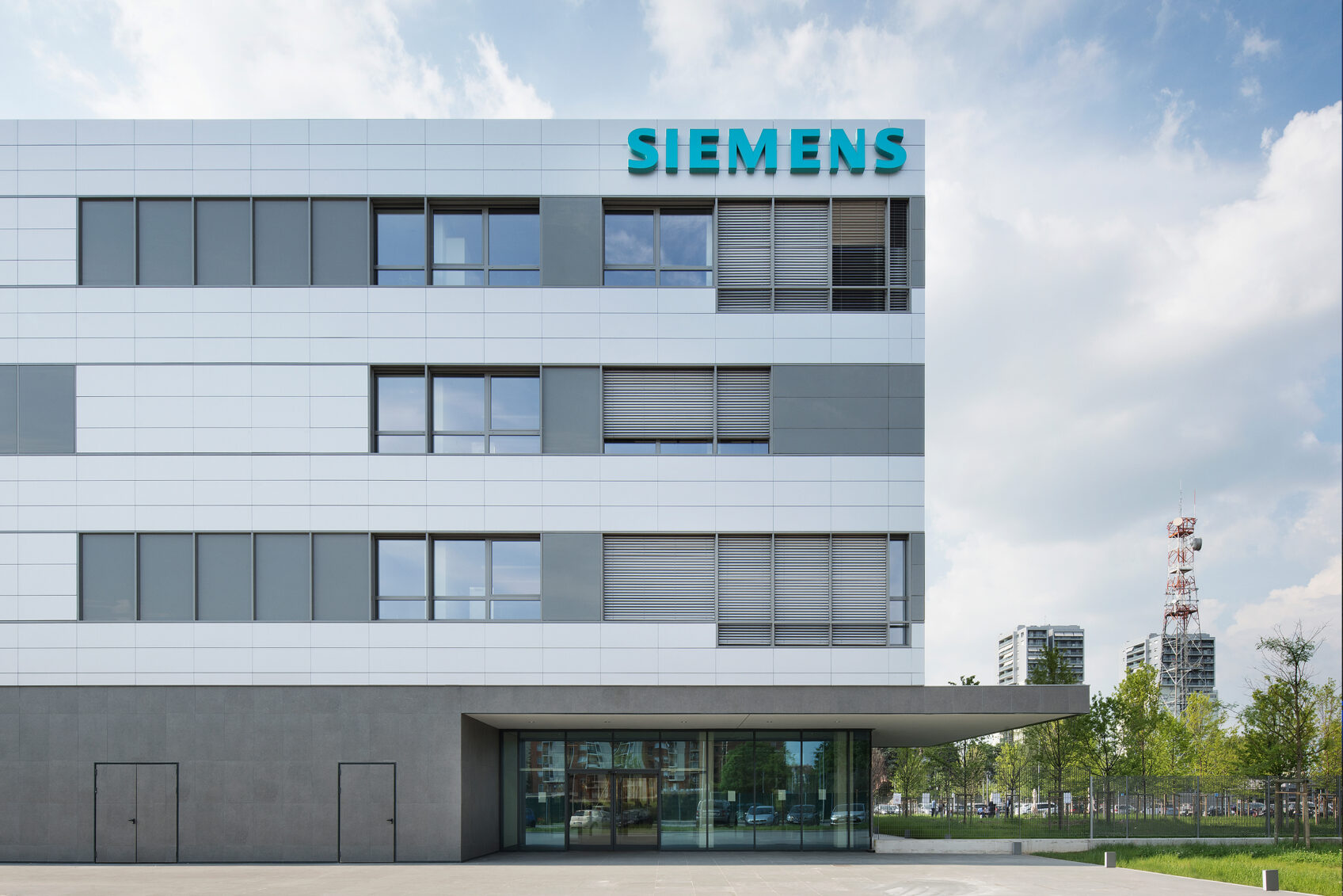 Entrance to new Siemens Italia headquarters on Via Vipiteno in Milan