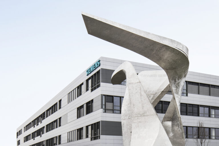 Daniel Libeskind statue in front of the entrance to Siemens Italia's new headquarters in Milan, Italy