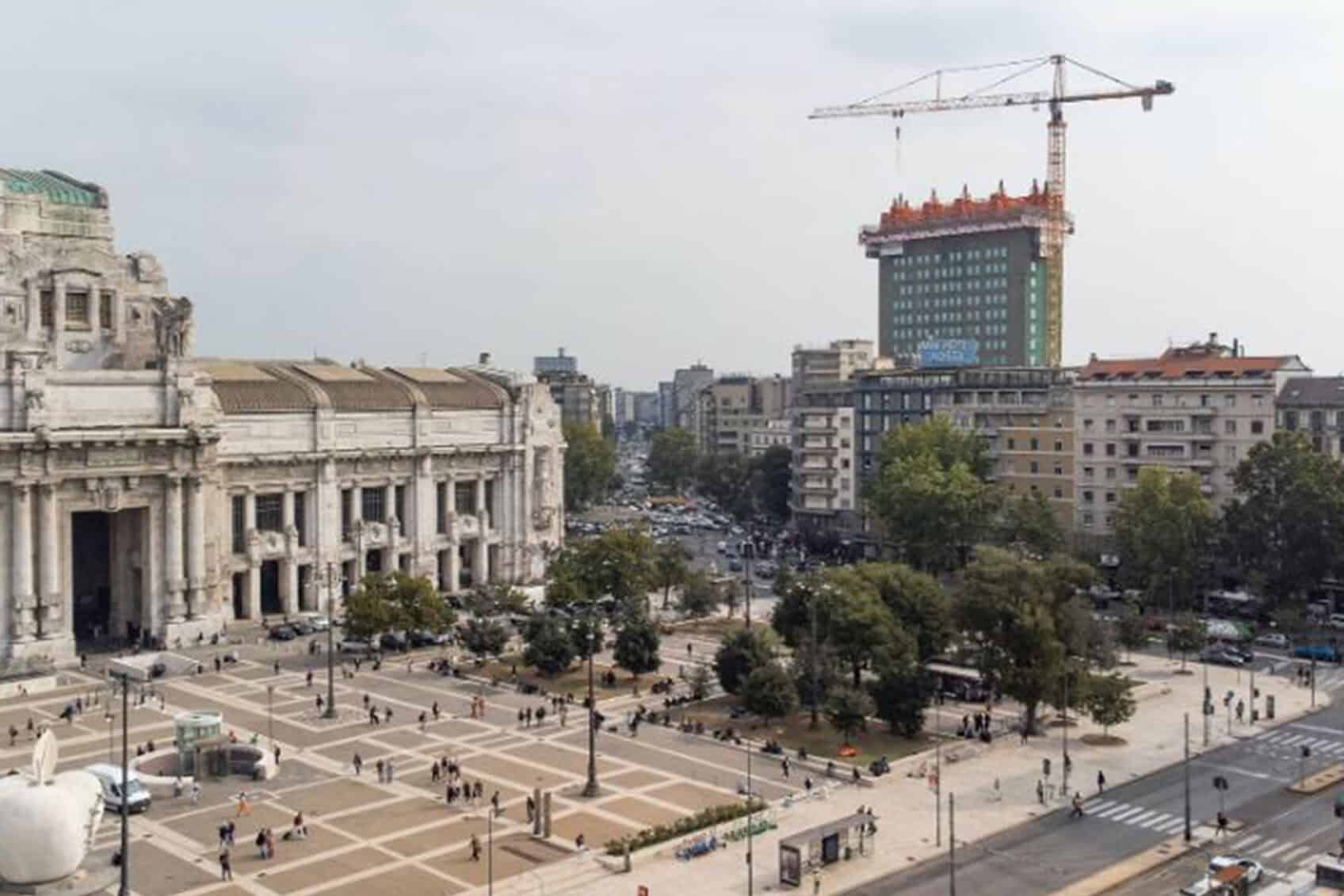 View of Duca d'Aosta Square during controlled demolition of former hotel Michelangelo