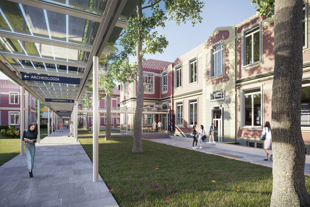 Render courtyard and walkway Campus Via Celoria 10 University of Milan