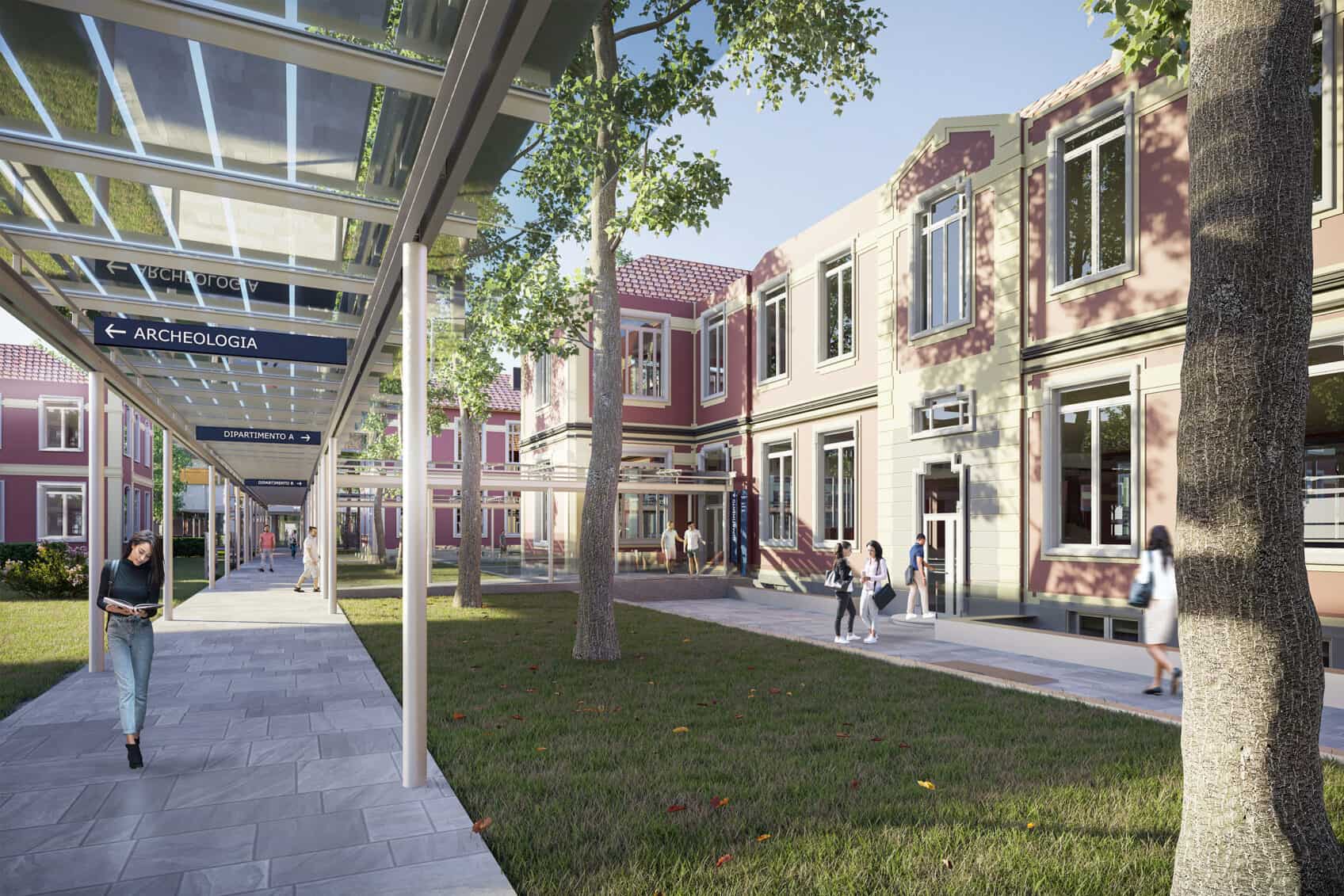 Render cortile e passerella Campus Via Celoria 10 Università di Milano