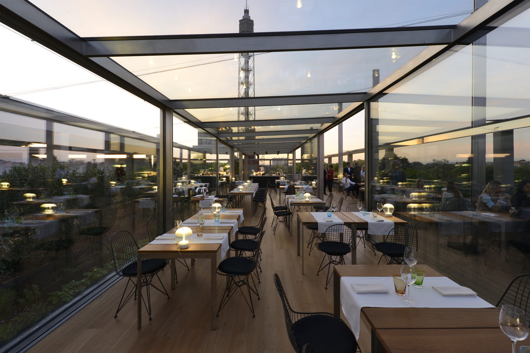 Milan triennale rooftop terrace restaurant at sunset