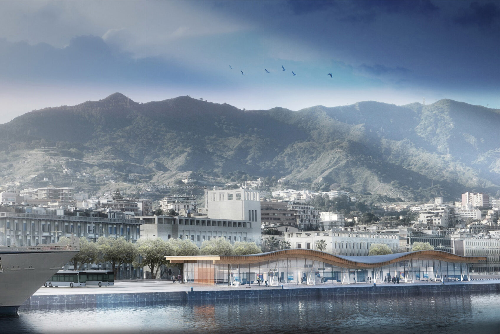 Render new passenger terminal at the Port of Messina as seen from the sea