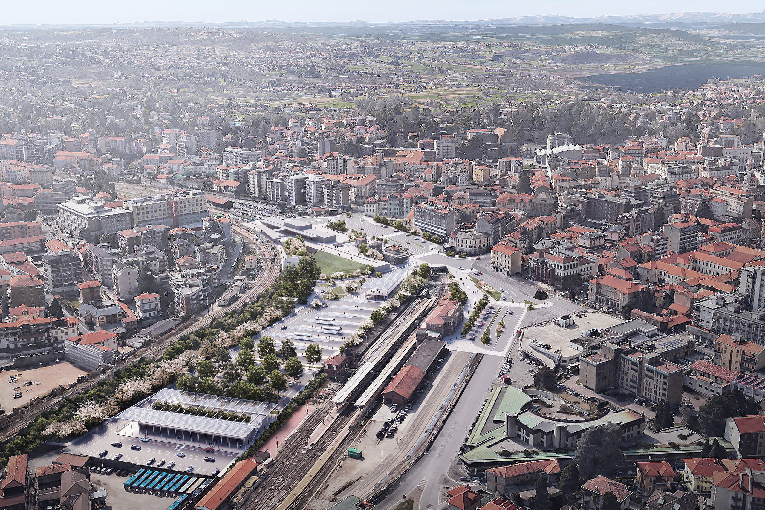 Render with bird's eye view Varese station compartment redevelopment project